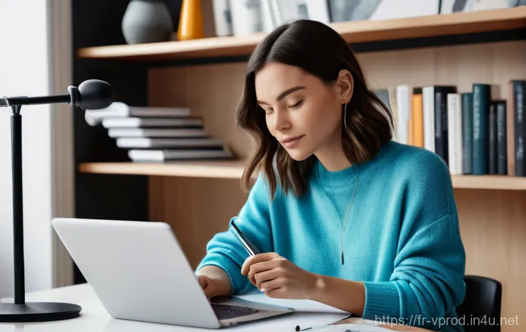 영상제작 전문가로서의 브랜드 구축 방법 - **Prompt:** A young, focused female content creator, with short, stylish brunette hair, sits at a cl...