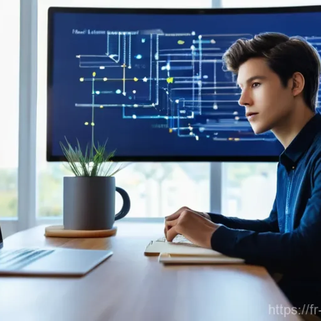 영상제작 워크플로우 최적화 방법 - **Prompt:** A content creator, a casually dressed young adult with short, neat hair, sits at a sleek...