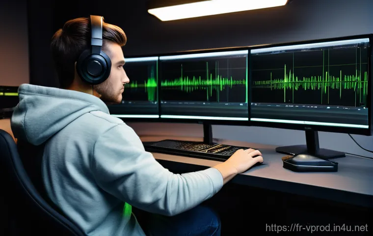 영상제작 워크플로우 최적화 방법 - **Prompt:** A content creator, a casually dressed young adult with short, neat hair, sits at a sleek...