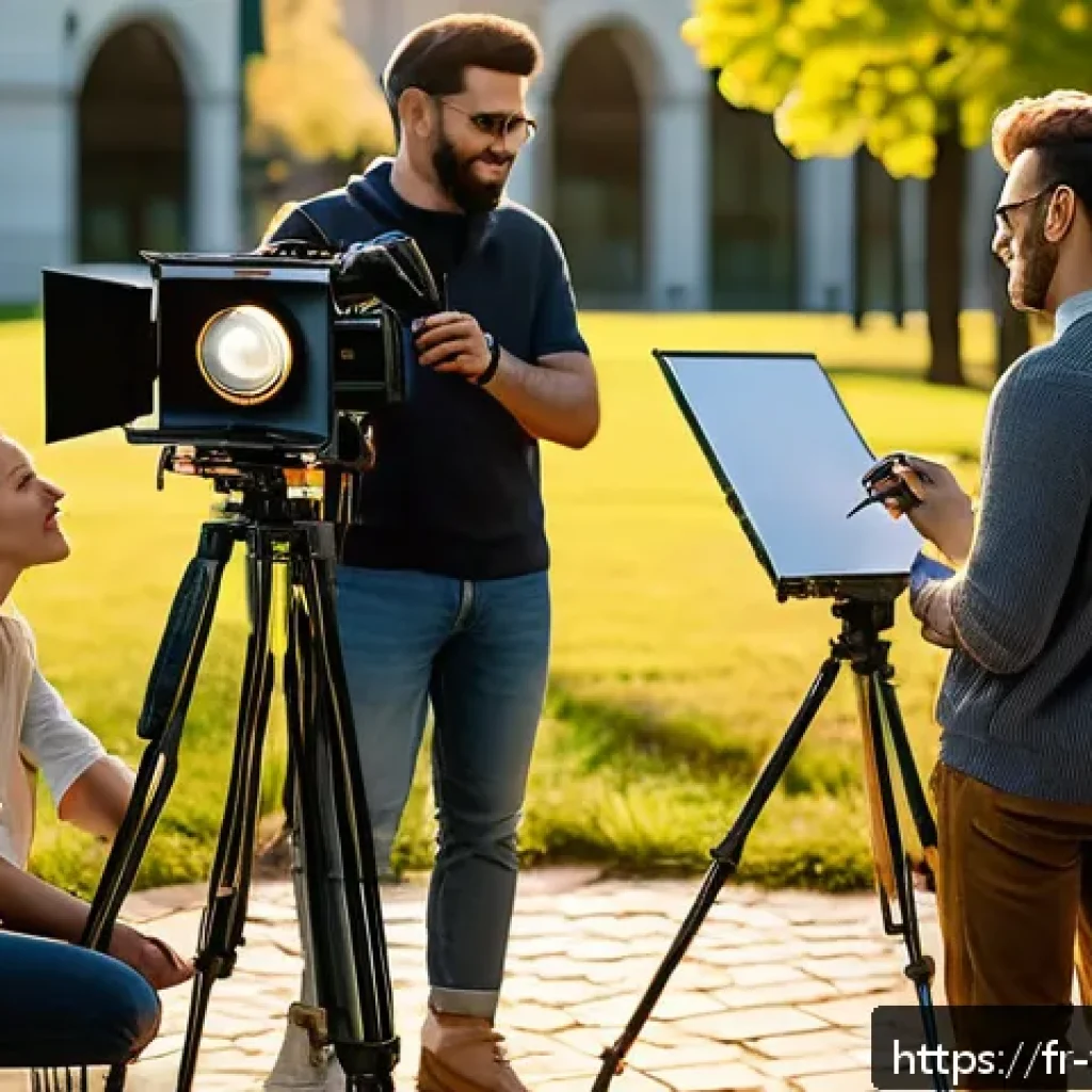 영상제작 전문 용어 사전 - A professional video production set outdoors during golden hour, featuring a diverse crew preparing ...