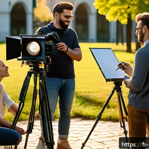 영상제작 전문 용어 사전 - A professional video production set outdoors during golden hour, featuring a diverse crew preparing ...