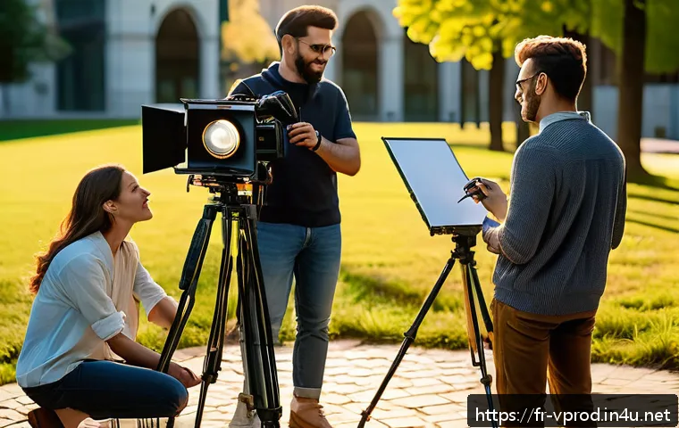 영상제작 전문 용어 사전 - A professional video production set outdoors during golden hour, featuring a diverse crew preparing ...