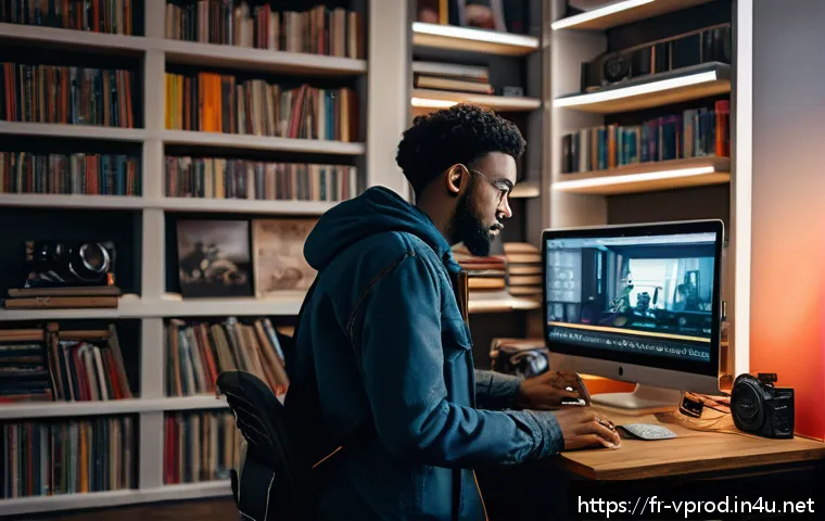 영상제작 업무의 장점과 단점 - A creative videographer working passionately on a film set in a cozy Parisian studio, surrounded by ...
