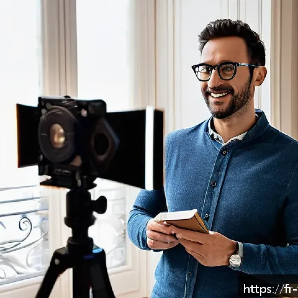 영상제작 교육 과정과 커리큘럼 - A modern home video production setup featuring a mid-30s French content creator in casual attire, us...