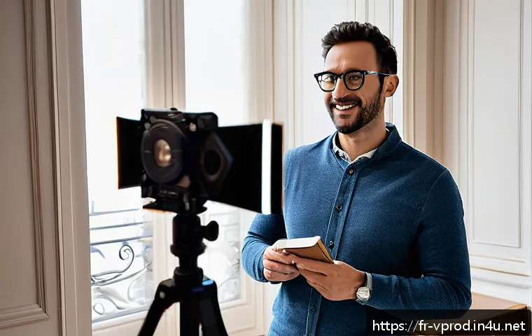영상제작 교육 과정과 커리큘럼 - A modern home video production setup featuring a mid-30s French content creator in casual attire, us...