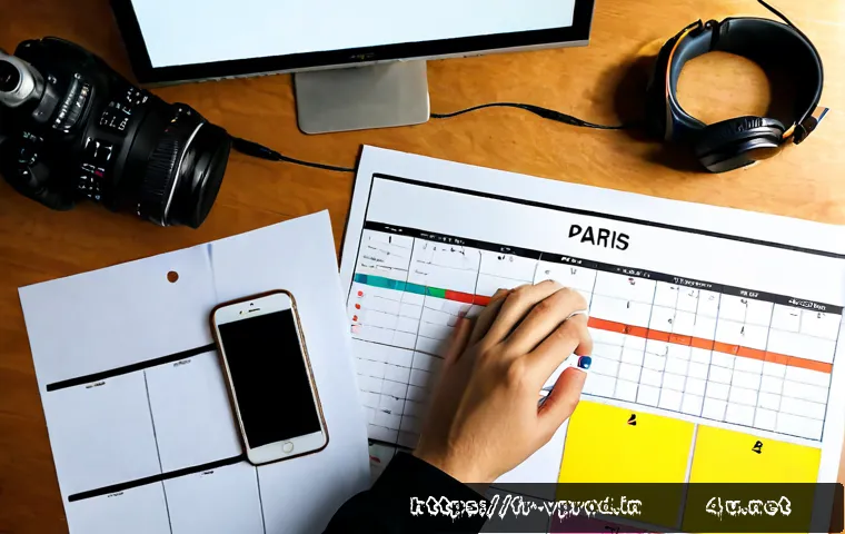 Home 30 영상제작 프로젝트 스케줄 관리 방법 - Photorealistic overhead view of a French video production manager’s organized desk in a bright Paris...