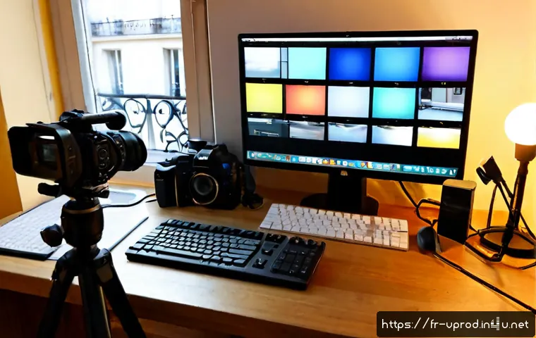 Home 17 영상제작 실무에 필요한 기술 - Photorealistic French video production workspace, a focused adult editor using a dual-monitor comput...